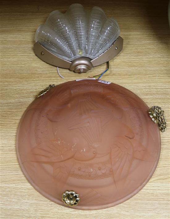 A peach frosted Art Deco bird designed plaffonier and a shell shaped wall light Plaffonier 35cm diameter